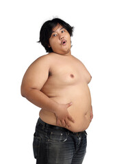 Asian Happy Fat Boy Acting Bodybuilding feeling good Health isolated on white background