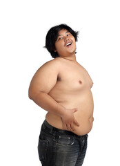 Asian Happy Fat Boy Acting Bodybuilding feeling good Health isolated on white background