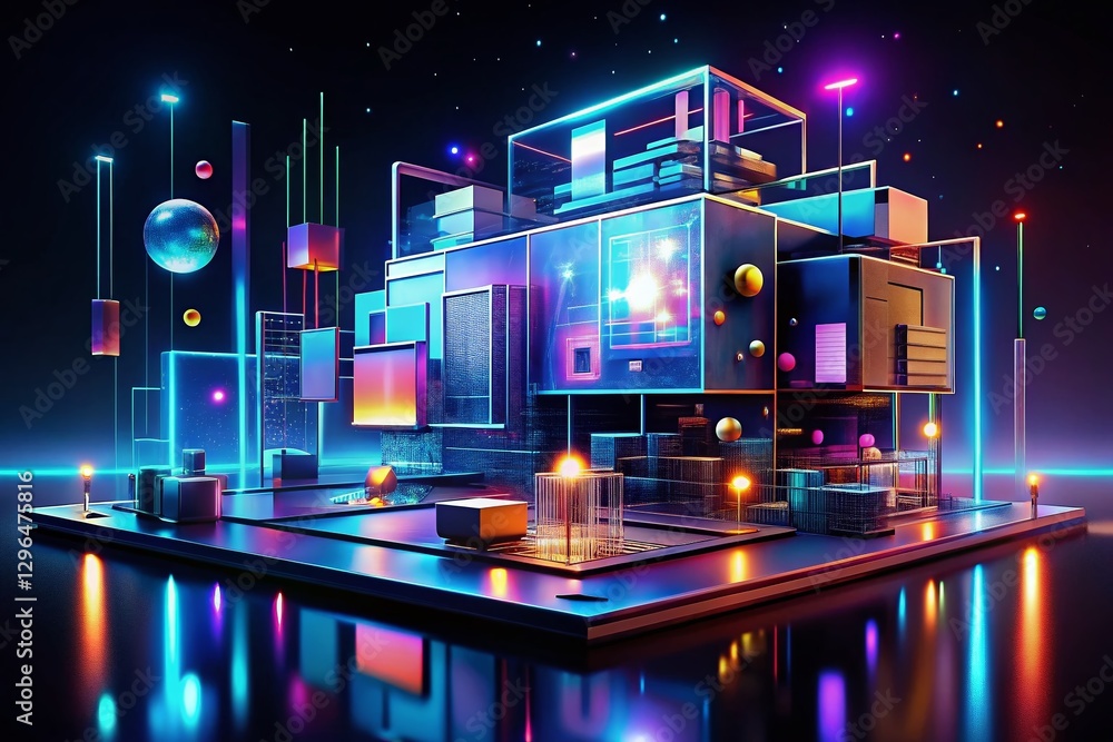 Poster futuristic 3d web components: innovative ui elements floating in virtual space - night photography