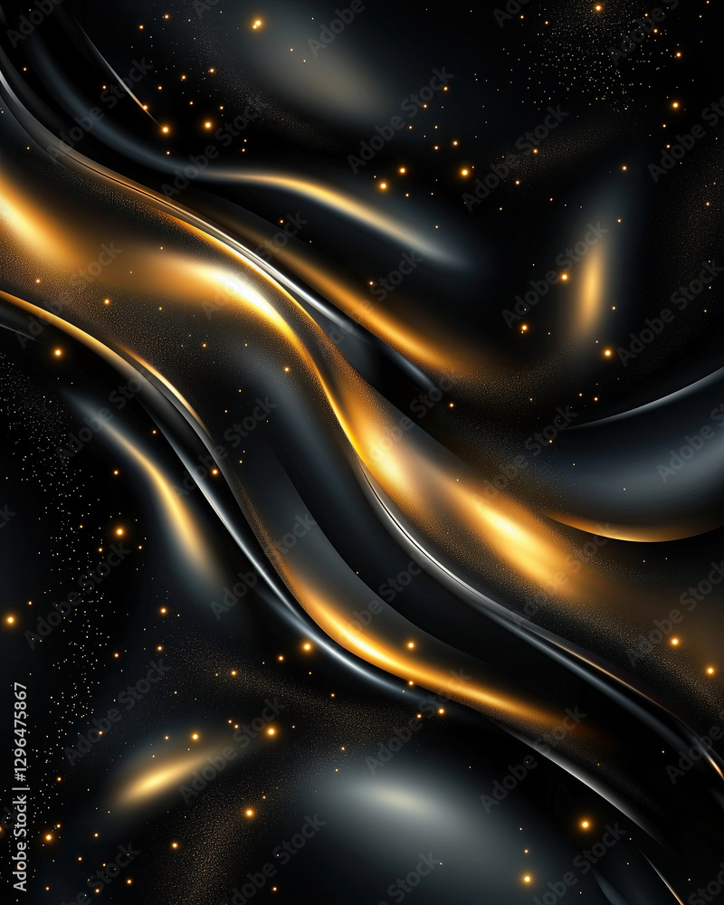 Poster an elegant abstract design featuring flowing black and gold waves illuminated by sparkling stars. id