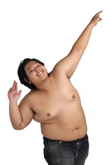 Asian Happy Fat Boy Acting Bodybuilding feeling good Health isolated on white background