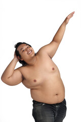 Asian Happy Fat Boy Acting Bodybuilding feeling good Health isolated on white background