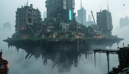 Naklejka premium Floating Post-Apocalyptic City with Crumbling Skyscrapers and Fading Neon Lights