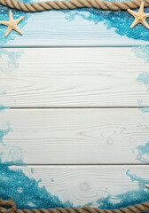 Coastal themed background with starfish, waves, and rope decoration featuring turquoise and white colors © Elena