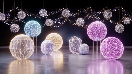 A 3D rendering of a futuristic art installation featuring glowing spheres and strings of lights.