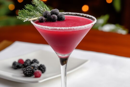 A blackcurrant-infused cocktail with a sugared rim, garnished with fresh berries
