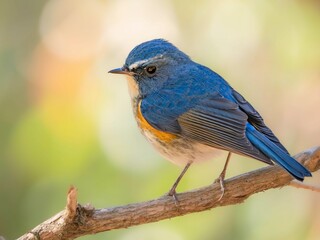 森の中の木陰で枝に留まって周りを見渡しているルリビタキの雄