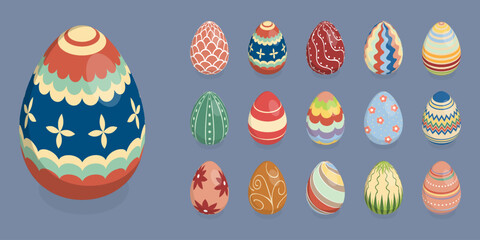 Easter eggs set. Isometric flat vector illustration elements.