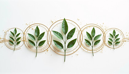 Modern Green Leaf Sprigs with Gold Circle Frames and Scattered Accents