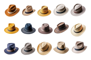 A collection of hats in various colors and styles. ,on transparent background.