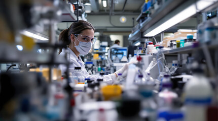 Scientist working in laboratory setting with various equipment and microscope