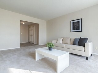 Fototapeta premium Beige living room interior, open concept, spacious, modern design, for sale or rent
