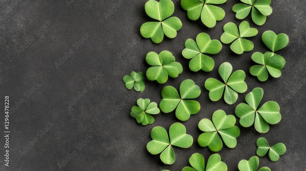 Poster a flat lay of lush green clover leaves forms a complex pattern, perfect for seasonal themes and vari