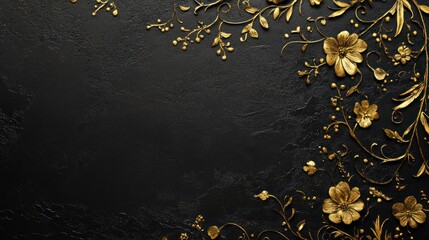Gold floral frame on black textured background, invitation design