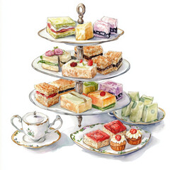 Fototapeta premium Delicious watercolor cakes and sweets array, tempting treats display