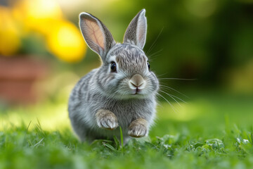 Fototapeta premium playful rabbit running in green grass, showcasing its lively spirit and fluffy fur. vibrant background adds cheerful touch to this delightful scene