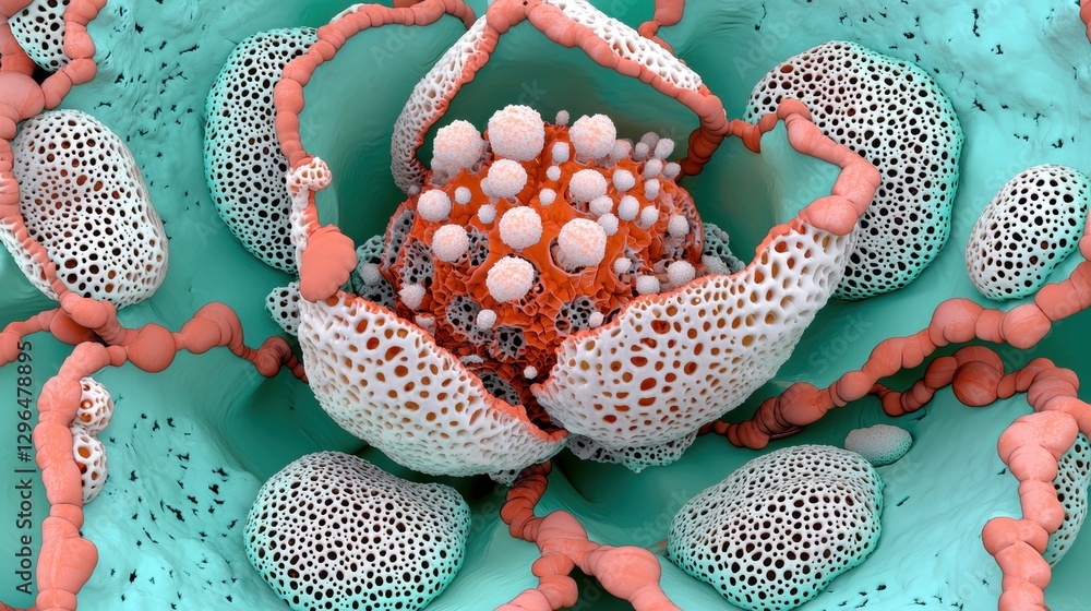 Fototapete a 3d rendering of a flower-like structure with orange and white petals and a teal base.