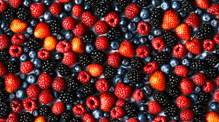 Fototapeta premium Strawberry, blueberry, blackberry, raspberry on white background, top view. Berries pattern, flat lay. Texture of fresh summer berries on white background.