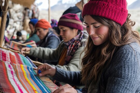 Cultural activities, travelers and weavers, community engagement, outdoor interactions, cultural heritage