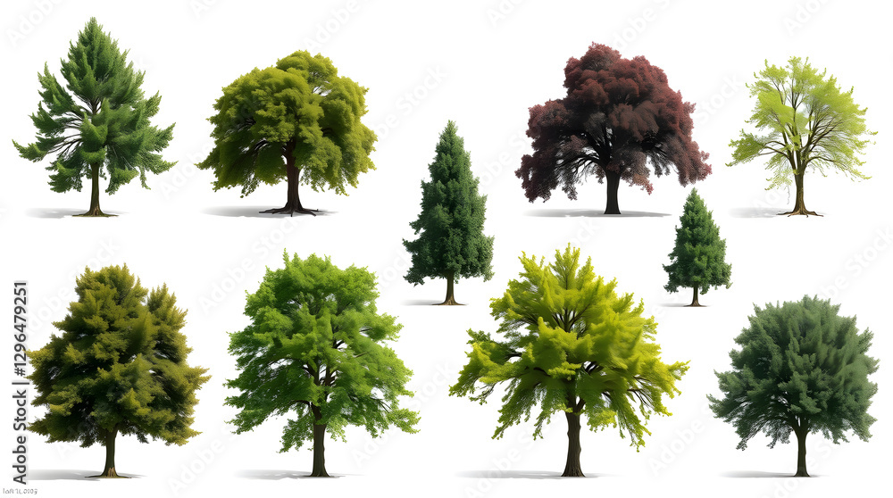 Poster a diverse collection of trees showcasing variations in foliage, sizes, and species. this image conve
