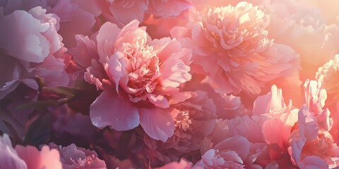 Obraz premium Blooming pink peonies in warm sunlight with soft focus background