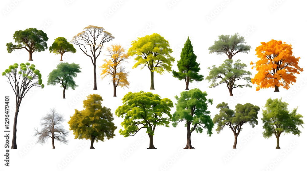 Poster a collection of diverse trees showcasing a variety of species, sizes, and vibrant foliage. this imag