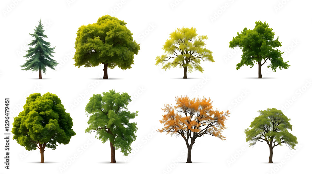 Aufkleber a collection of trees of different types and seasons, each isolated and presented individually