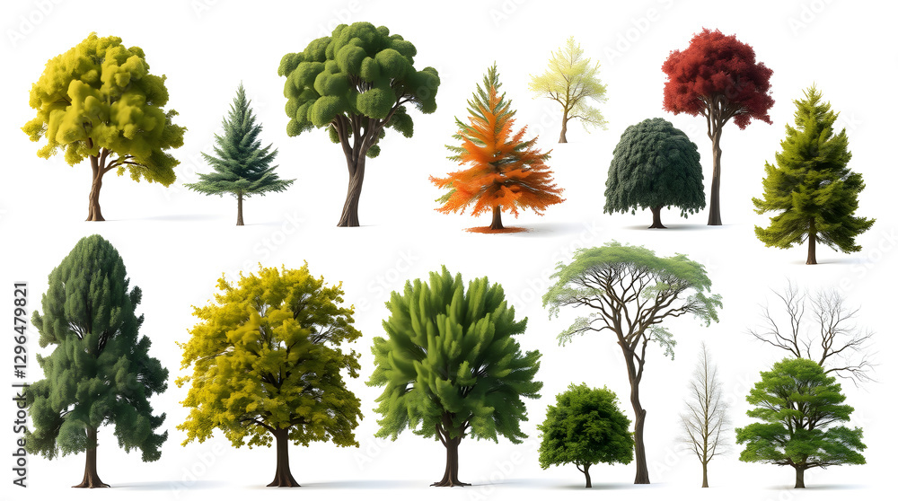 Poster Tree collection for design. Different species of trees with various colors and shapes isolated on a white background 