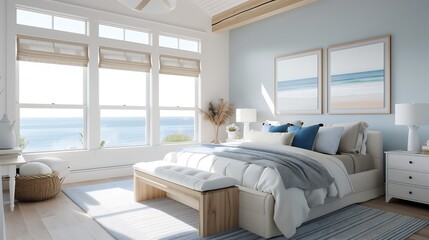 A coastal-themed bedroom with light blue and white tones, nautical decor, and large windows offering ocean views