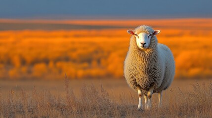 Fototapeta premium Sheep standing in autumn field at sunset.