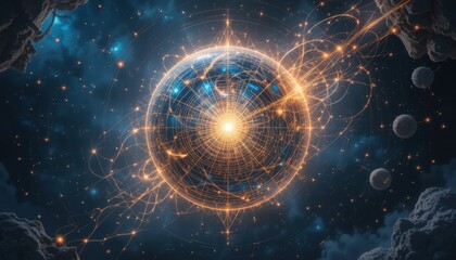 Fototapeta premium Cosmic Sphere Energy Network Glowing in Deep Space Nebula Background Abstract Art Illustration