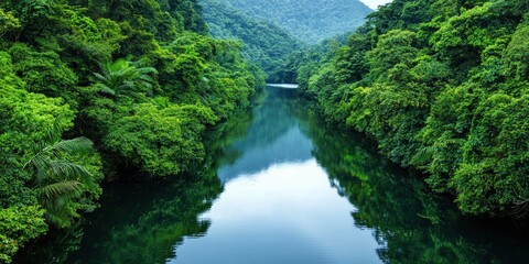 Fototapeta premium Tropical rainforest river meandering through dense jungle, lush green vegetation reflecting in the calm water, untouched wilderness