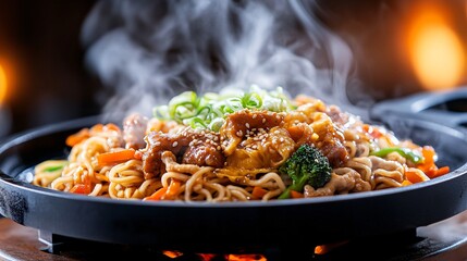 Sizzling Hot Plate of Noodles with Fresh Vegetables and Tender Meat Steaming Culinary Delight