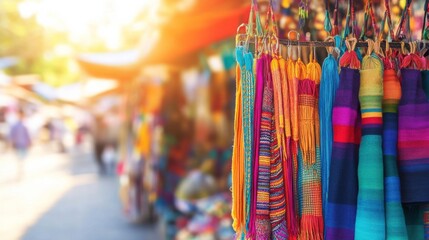 Obraz premium Colorful Textiles at Local Market Under Soft Lighting
