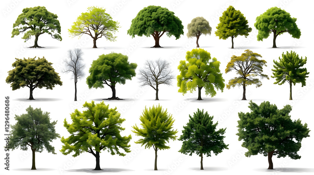 Poster a collection of various trees with lush green foliage, isolated on a neutral background, a symbol of