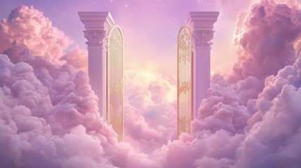 Heavenly gates open amongst vibrant pink clouds at sunset