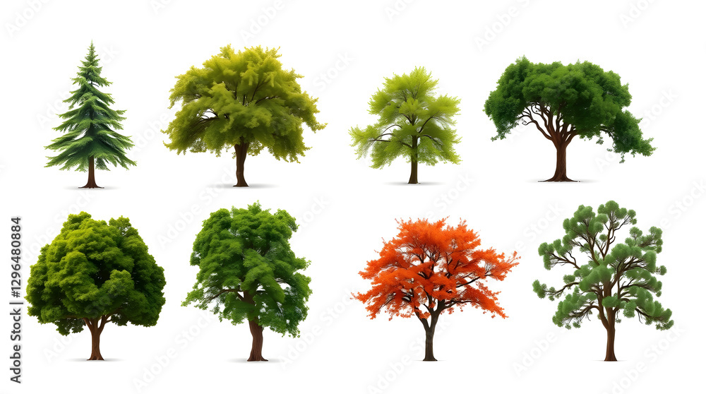Poster collection of different trees with lush green, orange and colorful leaves on a nature. a diverse col