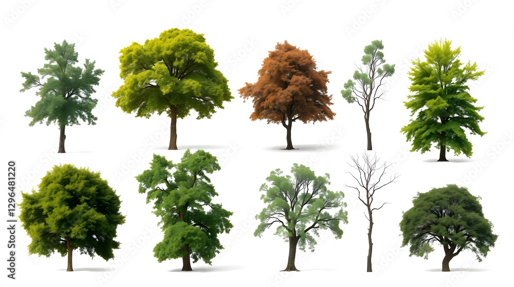Poster a collection of diverse trees of different shapes, sizes, and colors, each representing different se