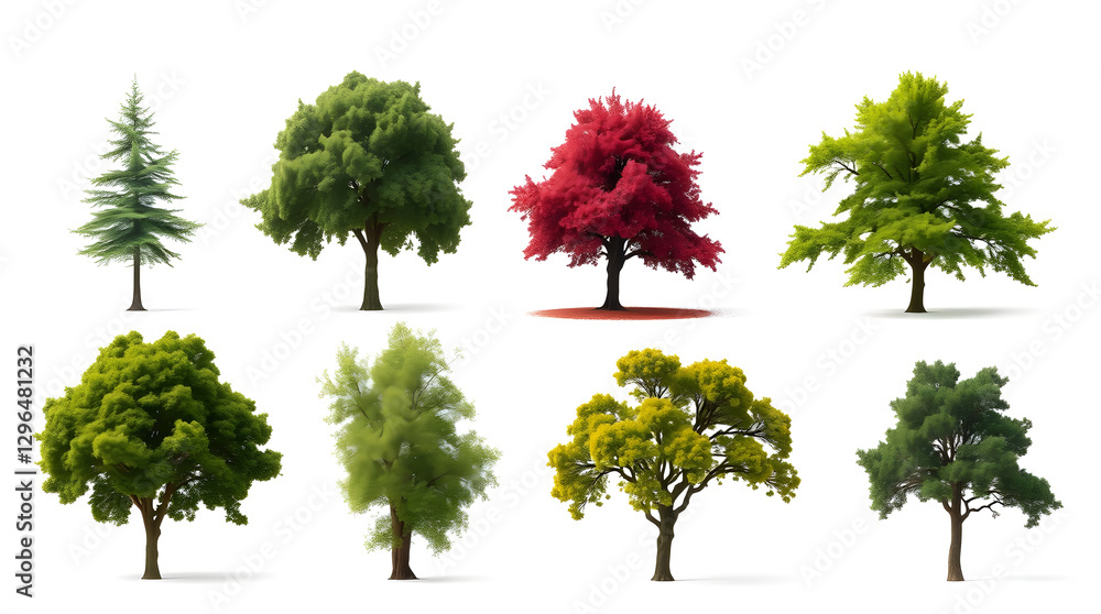 Aufkleber a collection of eight isolated trees with vibrant foliage, showcasing a diverse range of species and