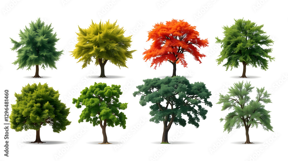 Poster Collection of eight different types of trees in various colors and shapes