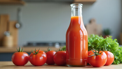 Tomato juice bottle with fresh tomatoes on wooden kitchen table