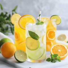 Fototapeta premium Citrus splash mocktails, zesty lemon, lime, and orange drinks Colorful citrus beverages with ice and mint.