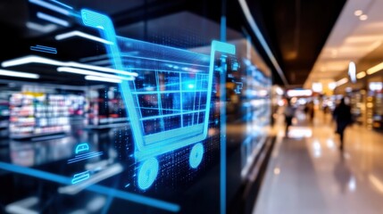 Fototapeta premium Innovative shopping experience digital retail cart display modern mall visual content urban environment dynamic viewpoint e-commerce concept