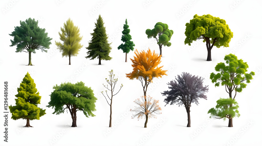 Poster a collection of various trees, each unique in shape and color, is presented on a clean background