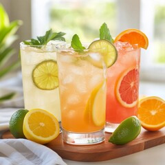 Citrus splash mocktails, zesty lemon, lime, and orange drinks Fresh fruit cocktails on a wooden tray