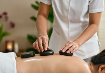 Hot stone massage therapy in spa setting with relaxing atmosphere and professional therapist