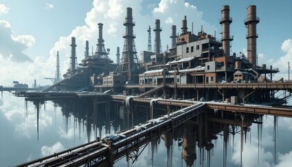 Obraz premium Floating Industrial Ruins with Rusted Machinery and Broken Walkways