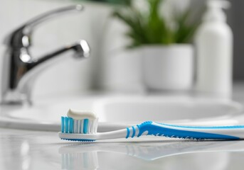 Close-up of blue toothbrush with toothpaste on white bathroom counter