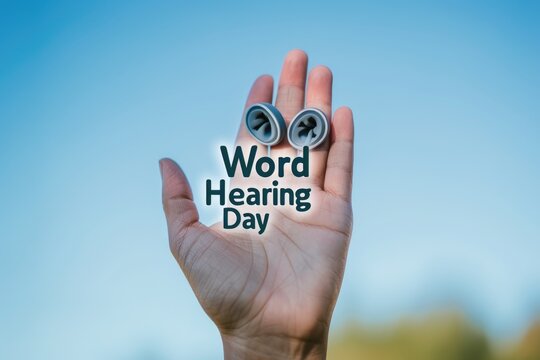 Hand holding hearing aids with "World Hearing Day" text on blue sky background