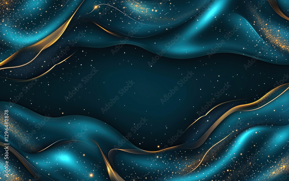 Poster an elegant abstract background featuring flowing teal waves with golden accents and sparkling stars 
